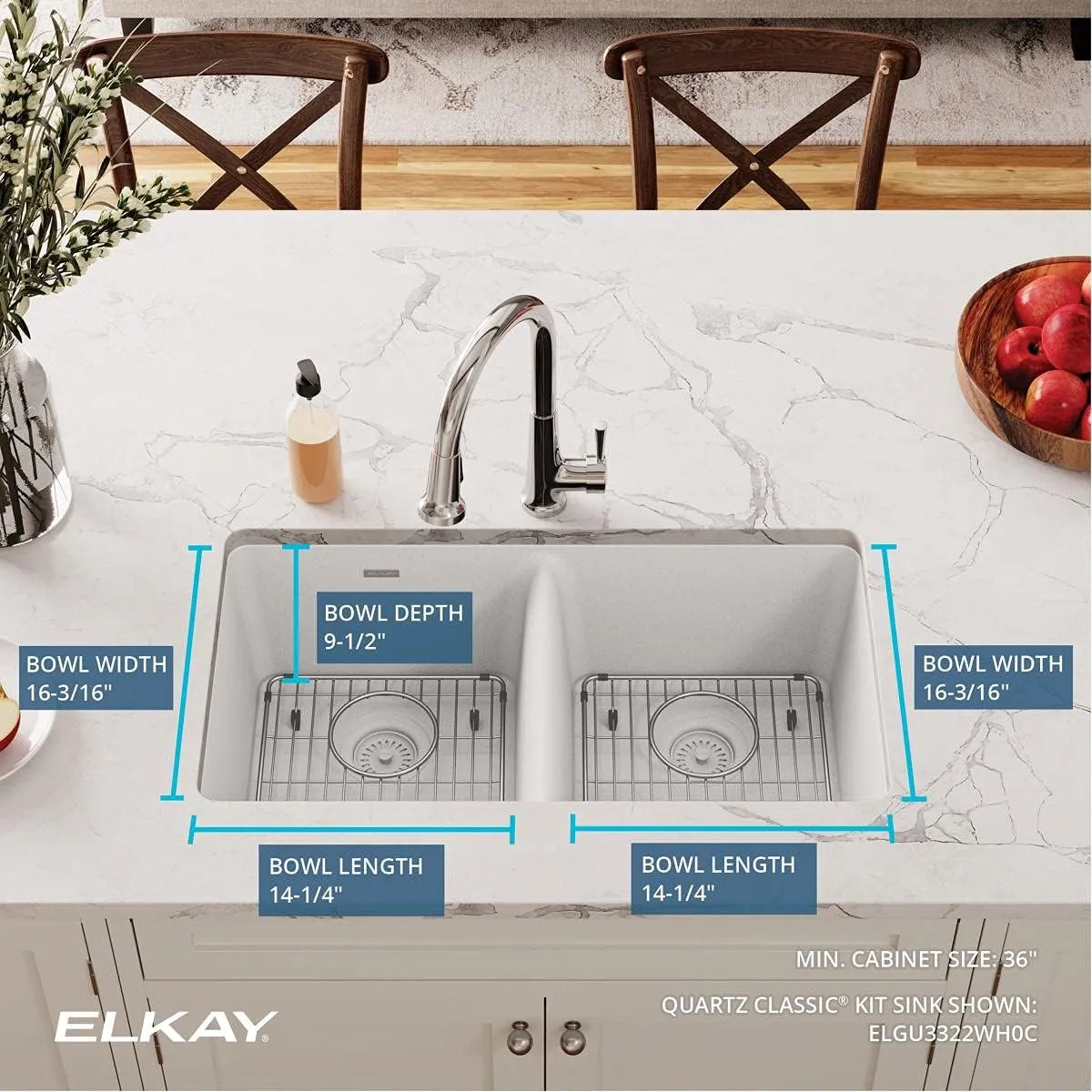 Elkay Quartz Classic ELGU3322WH0C 33" x 18-1/2" x 9-1/2", Equal Double Bowl Undermount Sink Kit, White