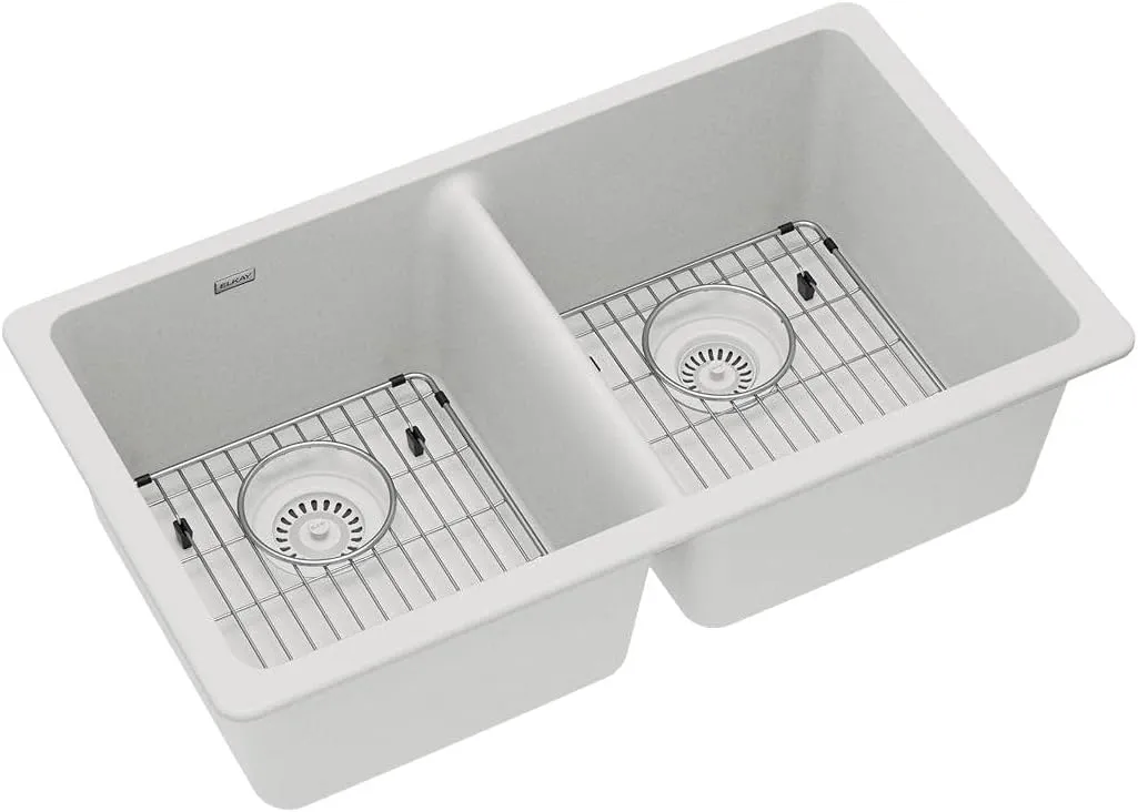 Elkay Quartz Classic ELGU3322WH0C 33" x 18-1/2" x 9-1/2", Equal Double Bowl Undermount Sink Kit, White