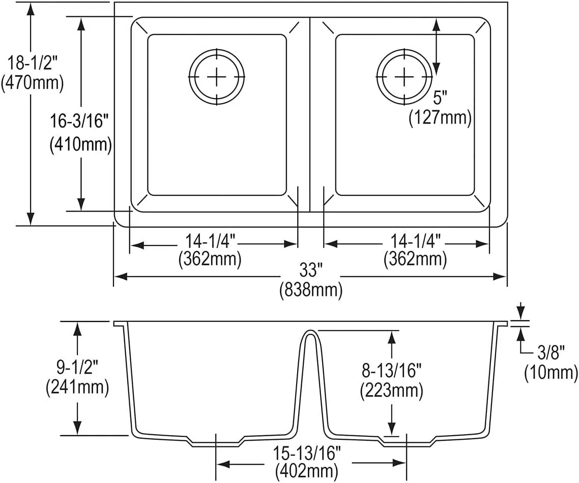 Elkay Quartz Classic ELGU3322WH0C 33" x 18-1/2" x 9-1/2", Equal Double Bowl Undermount Sink Kit, White