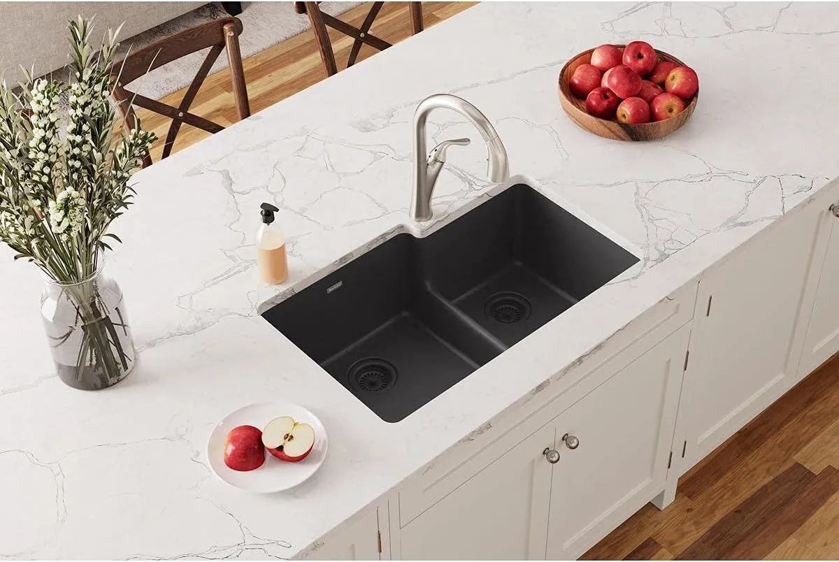 Elkay Quartz Classic ELGULBO3322BK0 Black Offset 60/40 Double Bowl Undermount Sink with Aqua Divide
