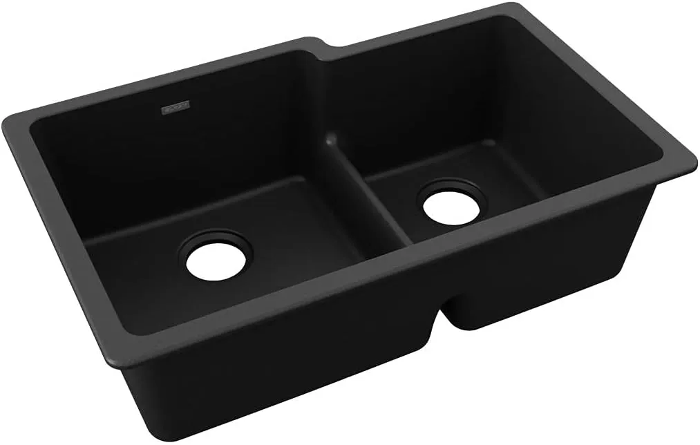 Elkay Quartz Classic ELGULBO3322BK0 Black Offset 60/40 Double Bowl Undermount Sink with Aqua Divide