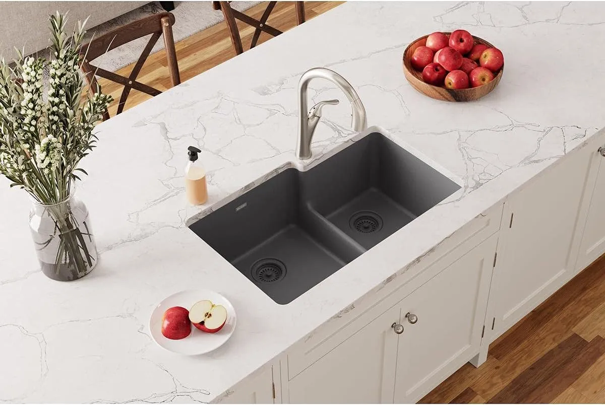 Elkay Quartz Classic ELGULBO3322GY0 Dusk Gray Offset 60/40 Double Bowl Undermount Sink with Aqua Divide