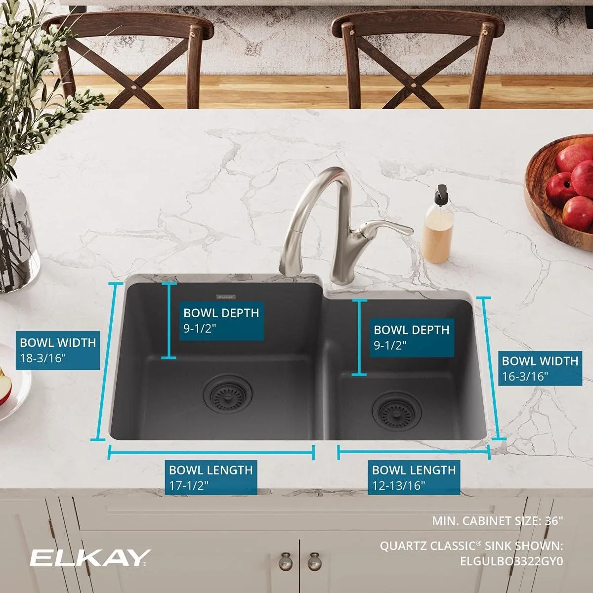 Elkay Quartz Classic ELGULBO3322GY0 Dusk Gray Offset 60/40 Double Bowl Undermount Sink with Aqua Divide