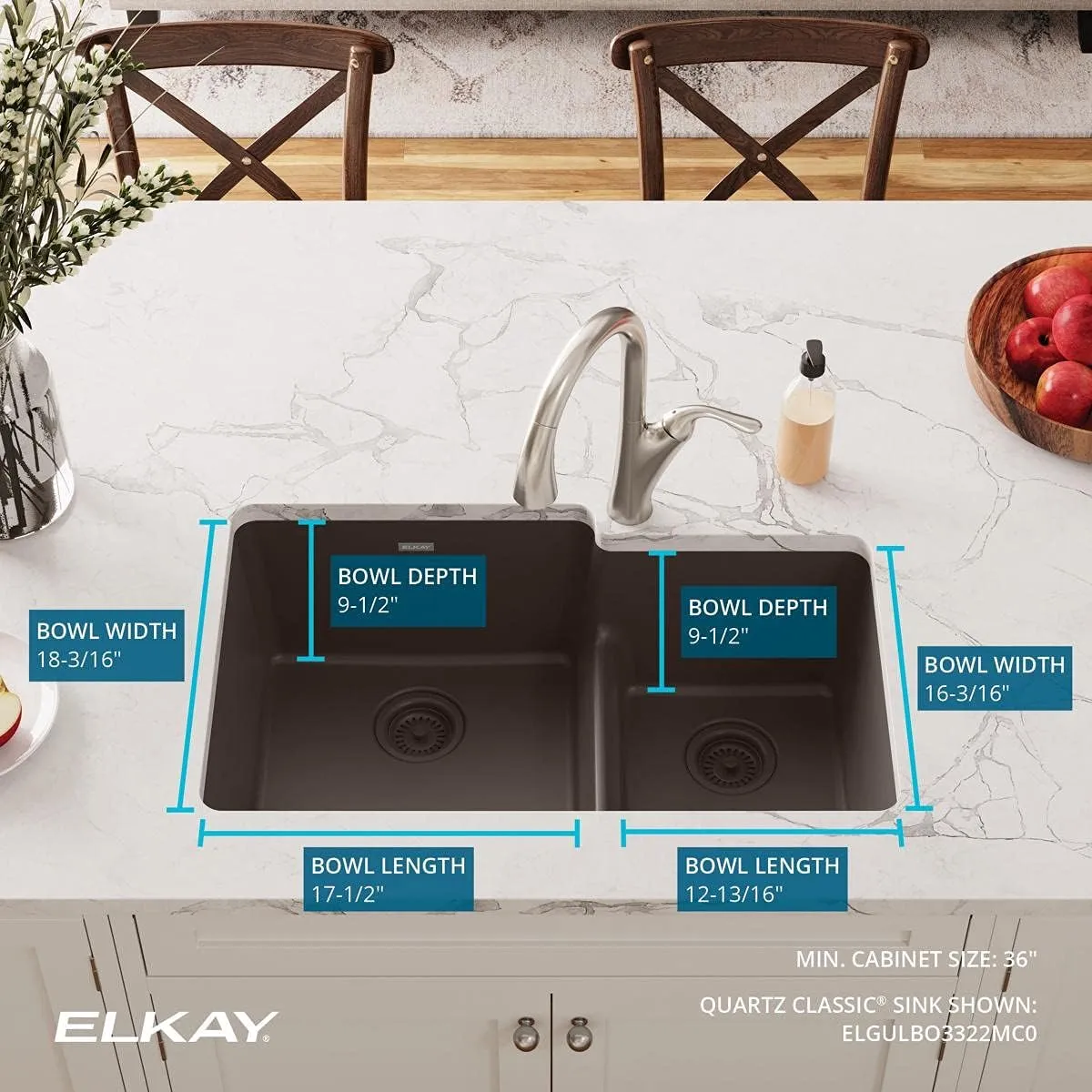 Elkay Quartz Classic ELGULBO3322MC0 Mocha Offset 60/40 Double Bowl Undermount Sink with Aqua Divide