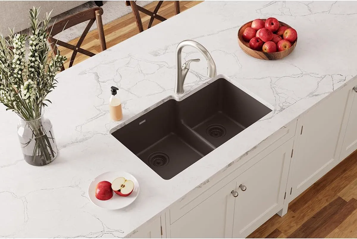 Elkay Quartz Classic ELGULBO3322MC0 Mocha Offset 60/40 Double Bowl Undermount Sink with Aqua Divide