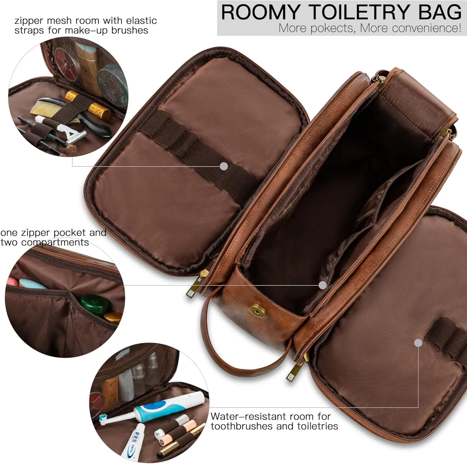 Elviros Toiletry Bag for Men, Large Travel Shaving Dopp Kit Water-resistant Bathroom Toiletries Organizer PU Leather Cosmetic Bags Fathers Day Gift (Medium, Dark Brown)