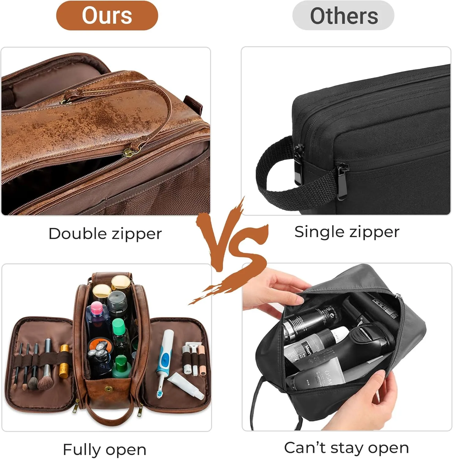 Elviros Toiletry Bag for Men, Large Travel Shaving Dopp Kit Water-resistant Bathroom Toiletries Organizer PU Leather Cosmetic Bags Fathers Day Gift (Medium, Dark Brown)