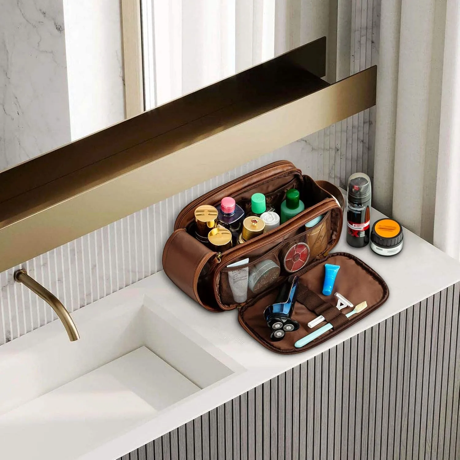 Elviros Toiletry Bag for Men, Large Travel Shaving Dopp Kit Water-resistant Bathroom Toiletries Organizer PU Leather Cosmetic Bags Fathers Day Gift (Medium, Dark Brown)