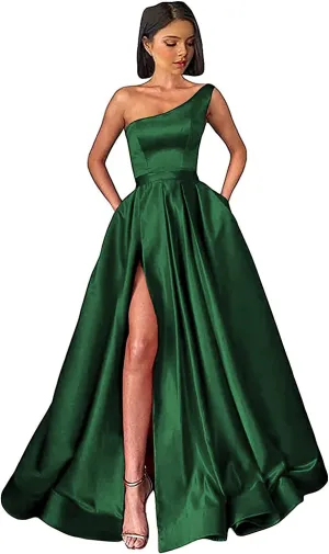 Emerald Green Satin Prom Dresses Formal Ball Gown for Women Ruched Long Wedding Guest Dress with Split US 6