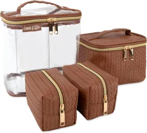 Emma & Chloe Travel Toiletry Bags for Women, 4 Piece Waterproof Cosmetic Case, Set, Pouch Makeup Organizer Bags for Women, Home Counters (Smooth Brown Chevron)
