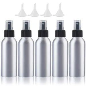 Empty Spray Bottles Travel Size 100ml/3.4oz 5 Pack Small Spray Bottle Aluminum Metal Fine Mist Refillable Atomizer Set with Lids for Liquids Skincare Cosmetic Perfume Storage, with 4pcs Small Funnels