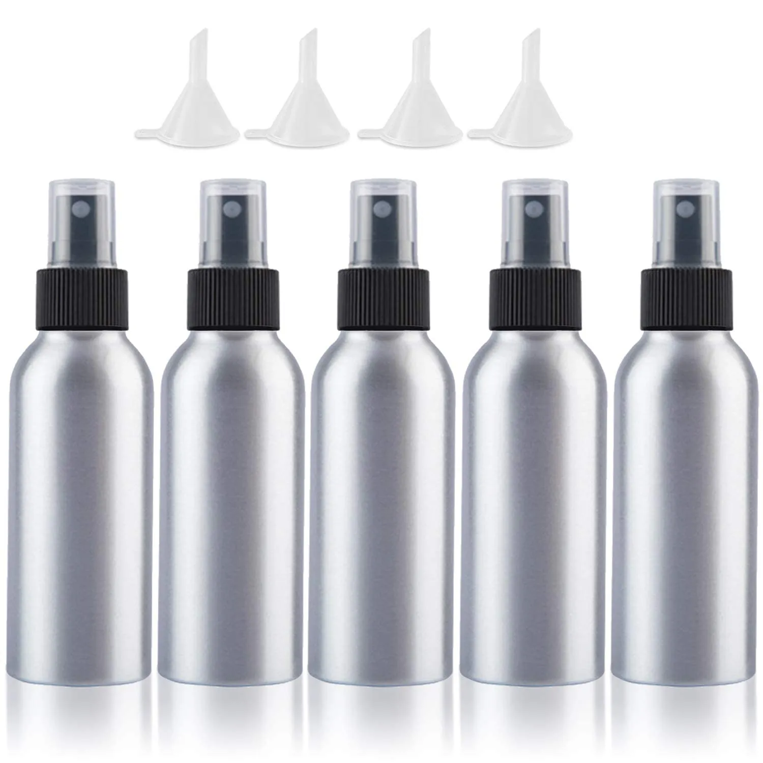Empty Spray Bottles Travel Size 100ml/3.4oz 5 Pack Small Spray Bottle Aluminum Metal Fine Mist Refillable Atomizer Set with Lids for Liquids Skincare Cosmetic Perfume Storage, with 4pcs Small Funnels