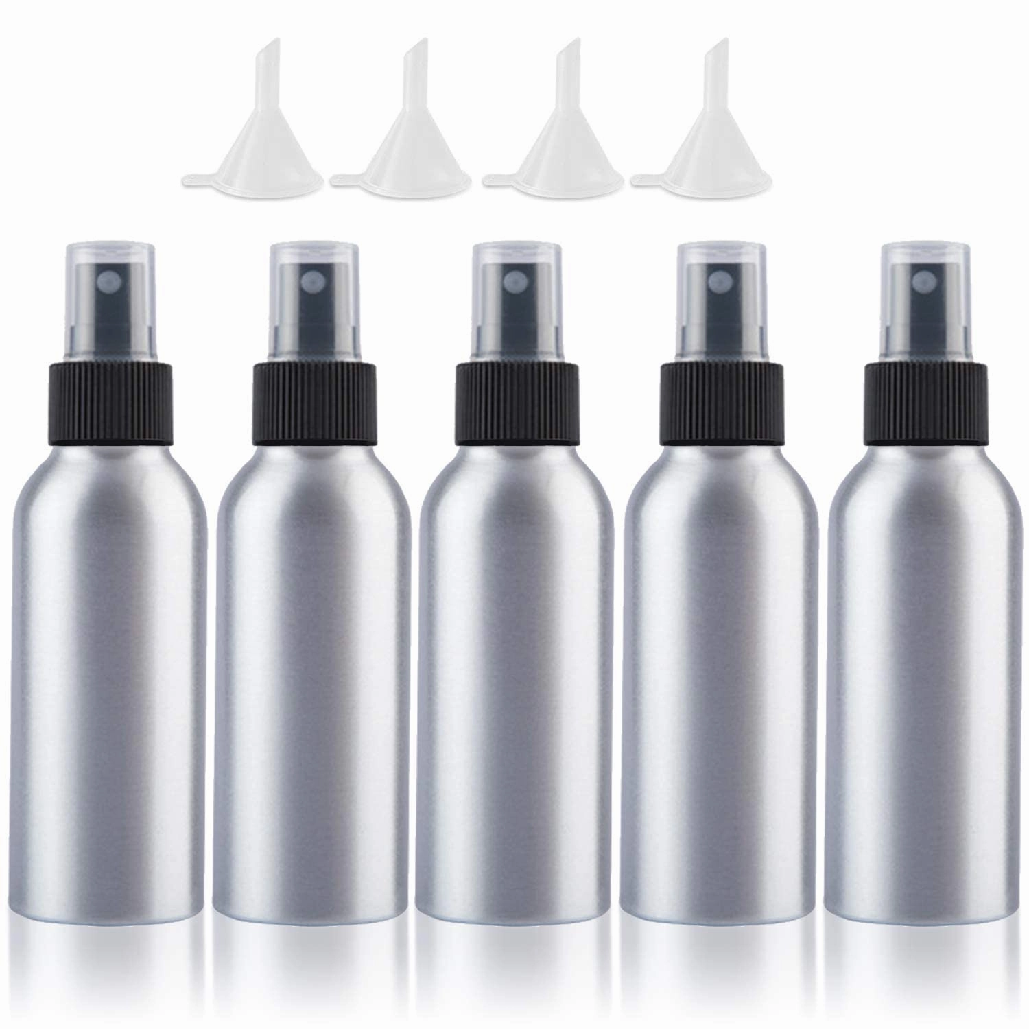 Empty Spray Bottles Travel Size 100ml/3.4oz 5 Pack Small Spray Bottle Aluminum Metal Fine Mist Refillable Atomizer Set with Lids for Liquids Skincare Cosmetic Perfume Storage, with 4pcs Small Funnels
