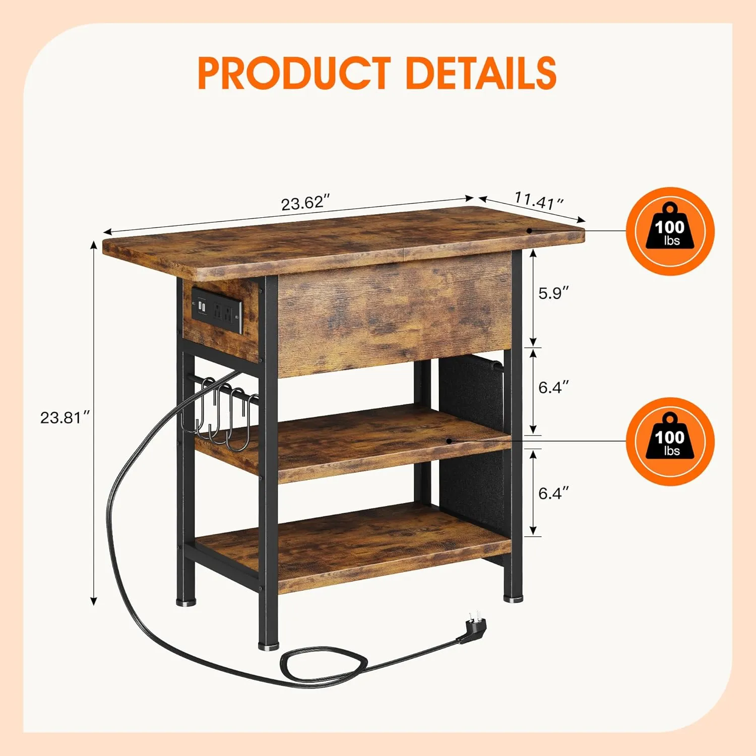End Table with Charging Station, Flip Top Nightstand with USB Ports and Outlets,Couch Side Table with Fabric Bag and Hooks, Bedside Table for Space Saving, Living Room, Bedroom (Rustic Brown)