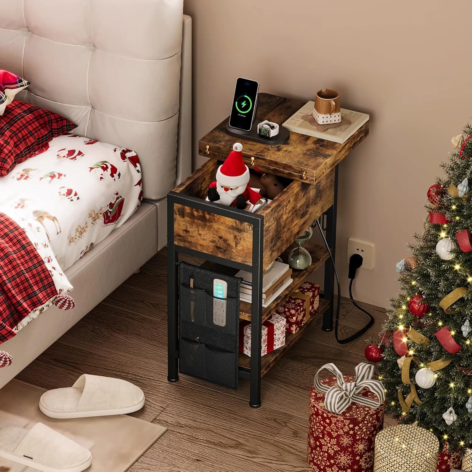 End Table with Charging Station, Flip Top Nightstand with USB Ports and Outlets,Couch Side Table with Fabric Bag and Hooks, Bedside Table for Space Saving, Living Room, Bedroom (Rustic Brown)