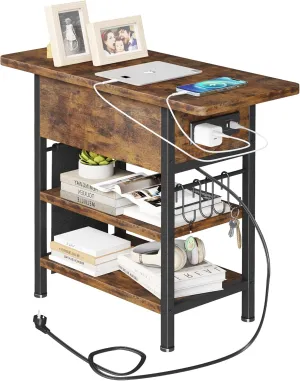 End Table with Charging Station, Flip Top Nightstand with USB Ports and Outlets,Couch Side Table with Fabric Bag and Hooks, Bedside Table for Space Saving, Living Room, Bedroom (Rustic Brown)