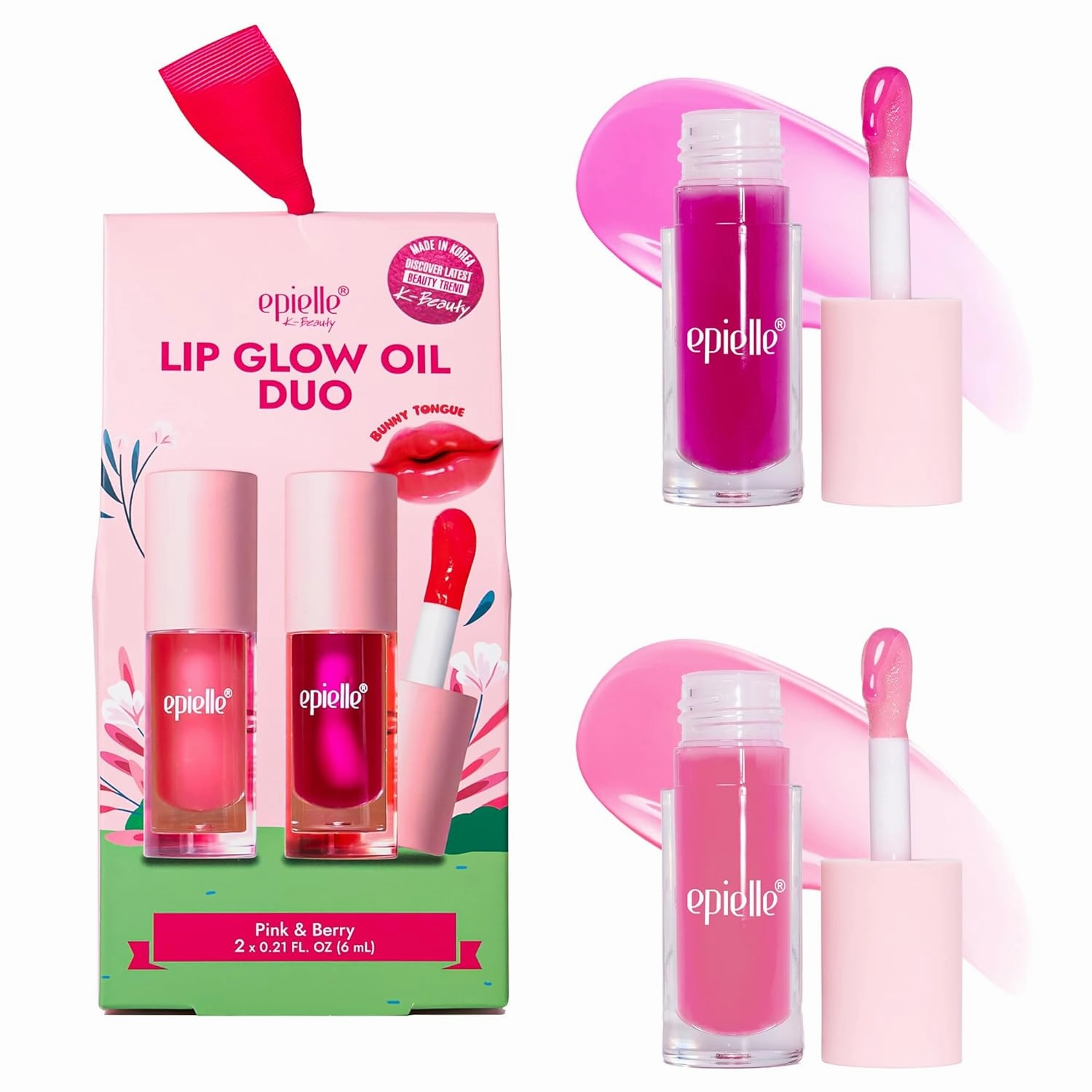 Epielle Lip Glow Oil Duo, Berry & Pink, 2 x 0.21 fl. oz., Glossy Lips