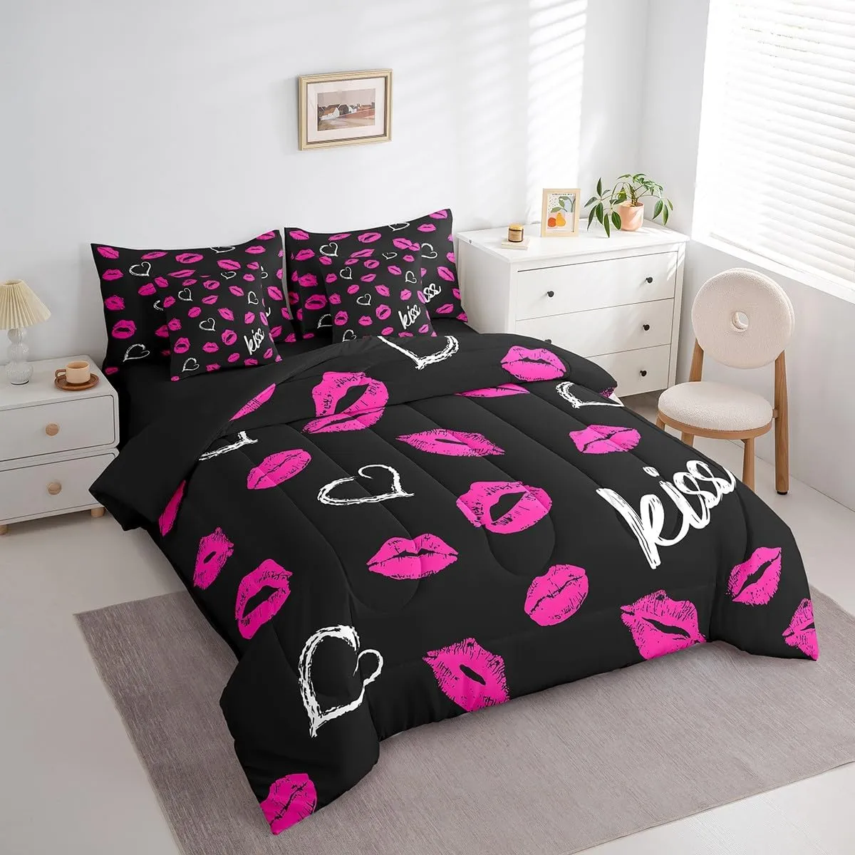 Erosebridal Lips Print Bed in a Bag Queen Comforter Set 7 Piece,Kiss Comforter and Sheet Set,Romantic Women Red Lip Bedding Set,Kiss Marks Bed Set Mouth Lipstick Trace Lovers Room Decor
