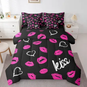 Erosebridal Lips Print Bed in a Bag Queen Comforter Set 7 Piece,Kiss Comforter and Sheet Set,Romantic Women Red Lip Bedding Set,Kiss Marks Bed Set Mouth Lipstick Trace Lovers Room Decor