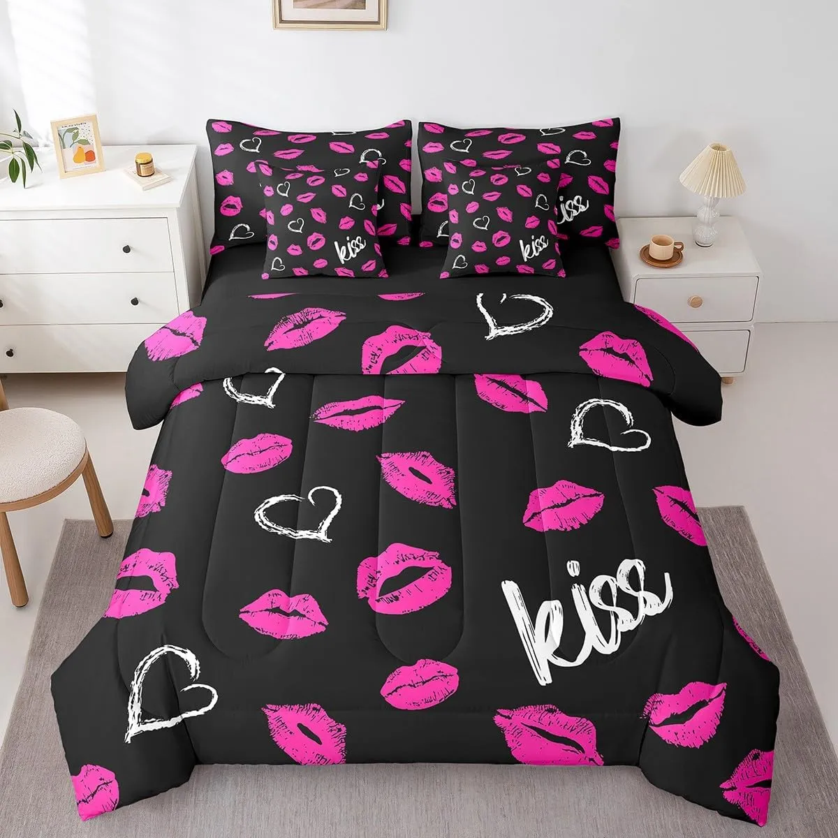 Erosebridal Lips Print Bed in a Bag Queen Comforter Set 7 Piece,Kiss Comforter and Sheet Set,Romantic Women Red Lip Bedding Set,Kiss Marks Bed Set Mouth Lipstick Trace Lovers Room Decor