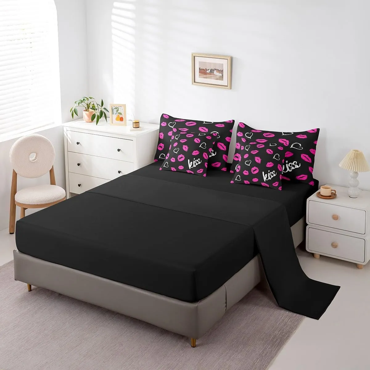 Erosebridal Lips Print Bed in a Bag Queen Comforter Set 7 Piece,Kiss Comforter and Sheet Set,Romantic Women Red Lip Bedding Set,Kiss Marks Bed Set Mouth Lipstick Trace Lovers Room Decor