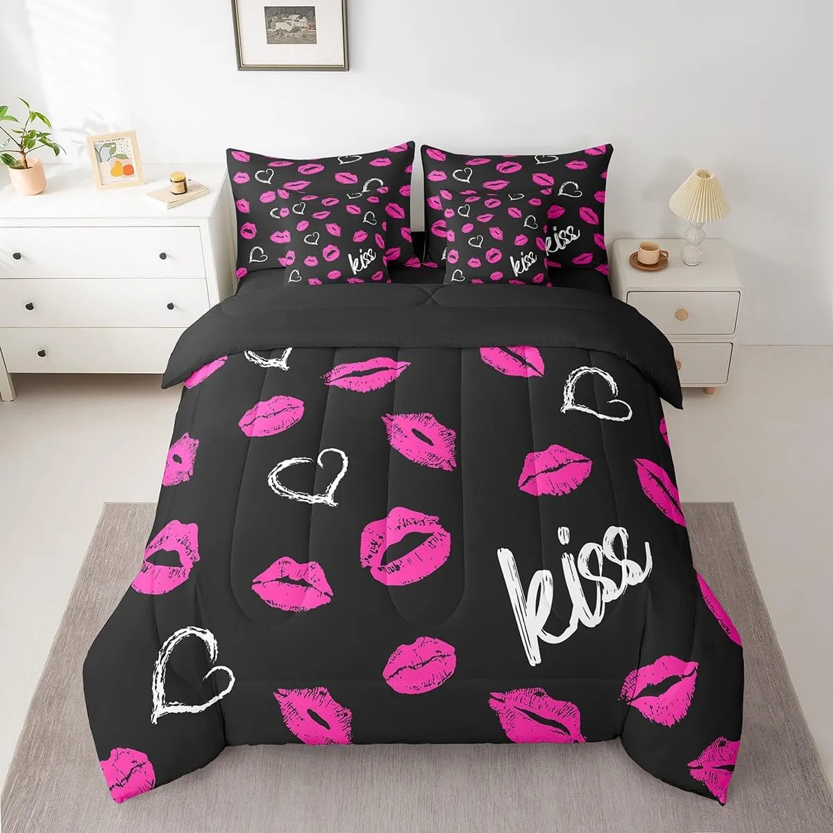 Erosebridal Lips Print Bed in a Bag Queen Comforter Set 7 Piece,Kiss Comforter and Sheet Set,Romantic Women Red Lip Bedding Set,Kiss Marks Bed Set Mouth Lipstick Trace Lovers Room Decor