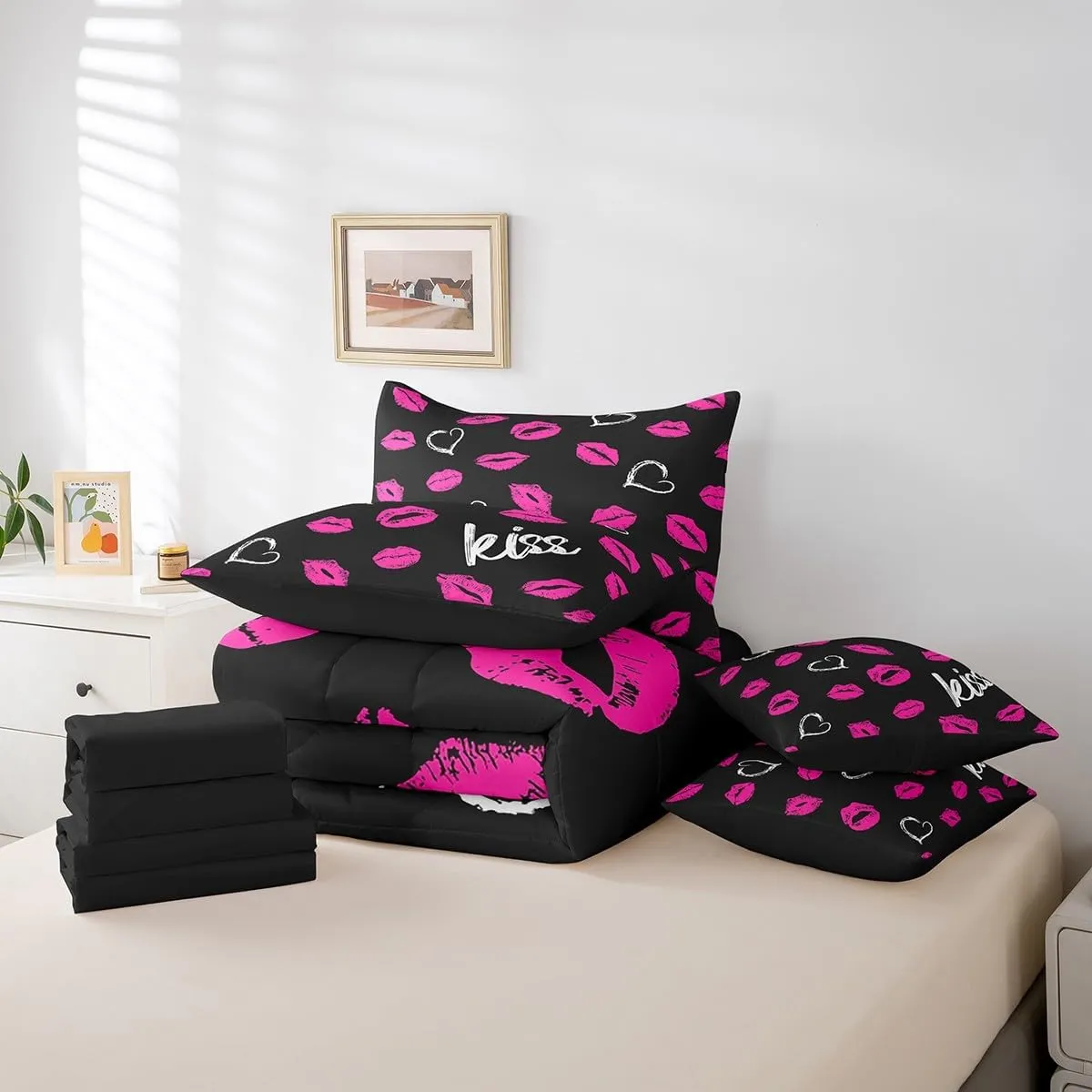 Erosebridal Lips Print Bed in a Bag Queen Comforter Set 7 Piece,Kiss Comforter and Sheet Set,Romantic Women Red Lip Bedding Set,Kiss Marks Bed Set Mouth Lipstick Trace Lovers Room Decor