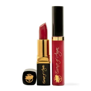 Essence Of Argan Lip Care Bundle - Moisturizing Deep Red Lipstick & Nourishing Lip Gloss with Organic Moroccan Argan Oil - Voluptuous Sexy Lips - Sun Protection, Long Lasting & Colorful Lip Balm Set