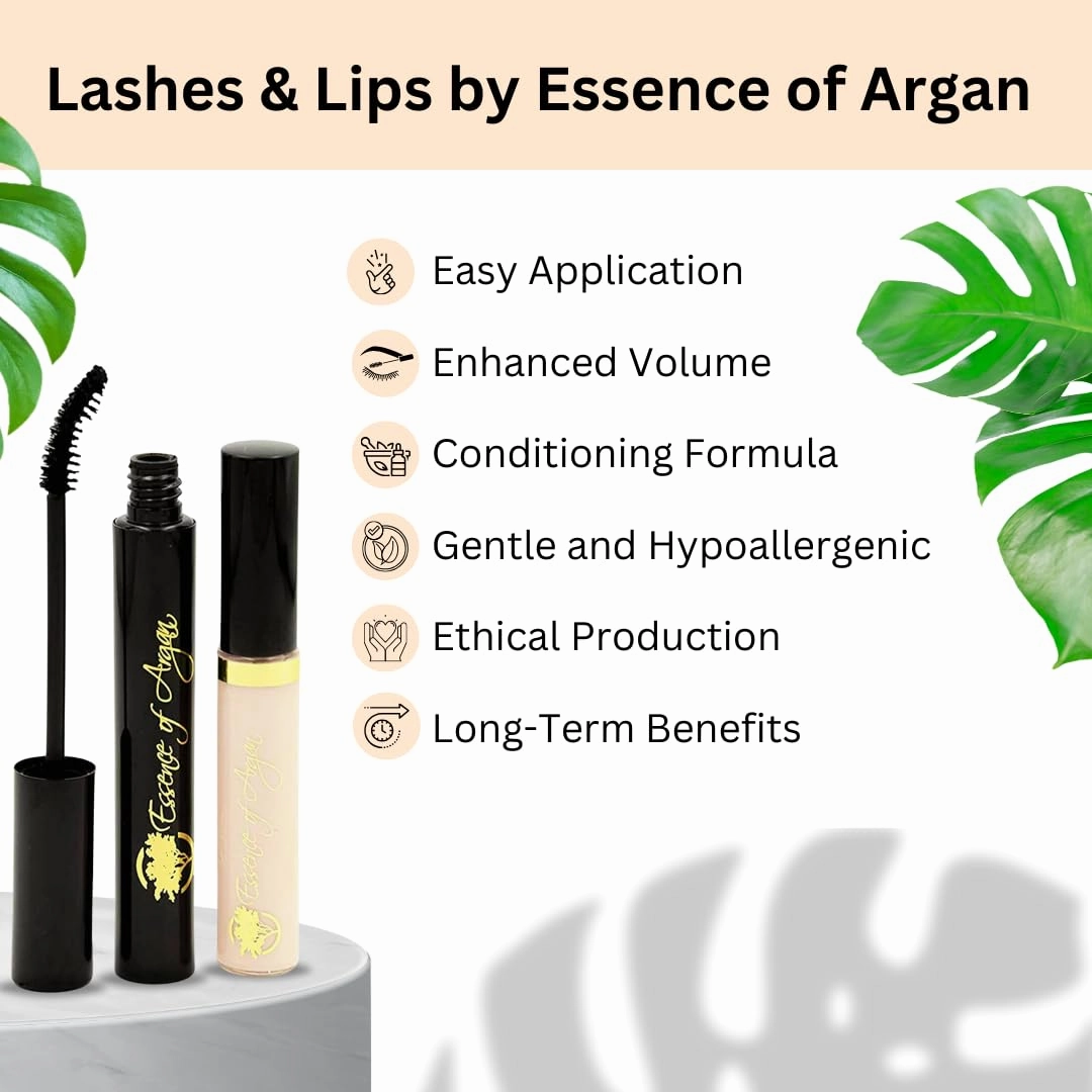 Essence of Argan Lash Conditioner Mascara & Nourishing Lip Gloss Plumper with Organic Argan Oil - Waterproof Black Mascara Plus Plumping Lip Balm for Voluptuous Sexy Lips and Longer Stronger Lashes