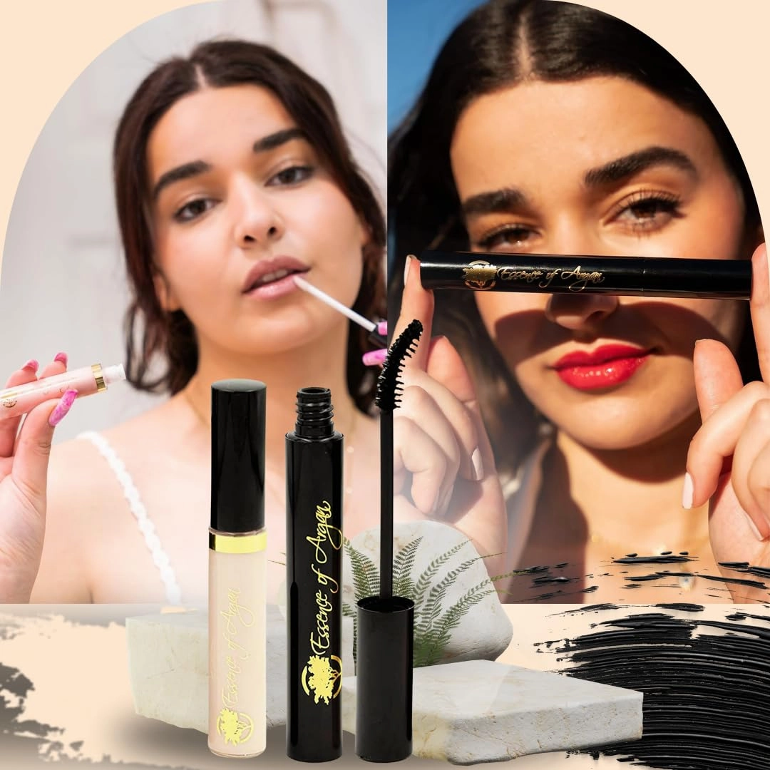 Essence of Argan Lash Conditioner Mascara & Nourishing Lip Gloss Plumper with Organic Argan Oil - Waterproof Black Mascara Plus Plumping Lip Balm for Voluptuous Sexy Lips and Longer Stronger Lashes