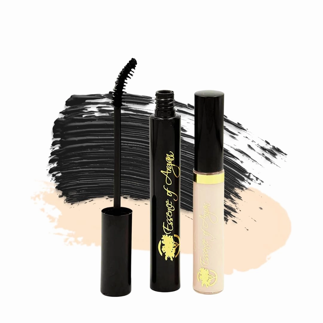 Essence of Argan Lash Conditioner Mascara & Nourishing Lip Gloss Plumper with Organic Argan Oil - Waterproof Black Mascara Plus Plumping Lip Balm for Voluptuous Sexy Lips and Longer Stronger Lashes