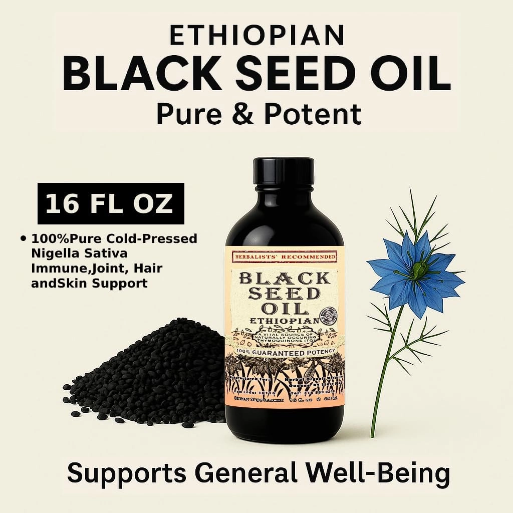 Ethiopian Black Seed Oil 16oz – Extra Strength 3x Thymoquinone – 100% Pure Cold-Pressed Nigella Sativa – Immune, Joint, Hair and Skin Support