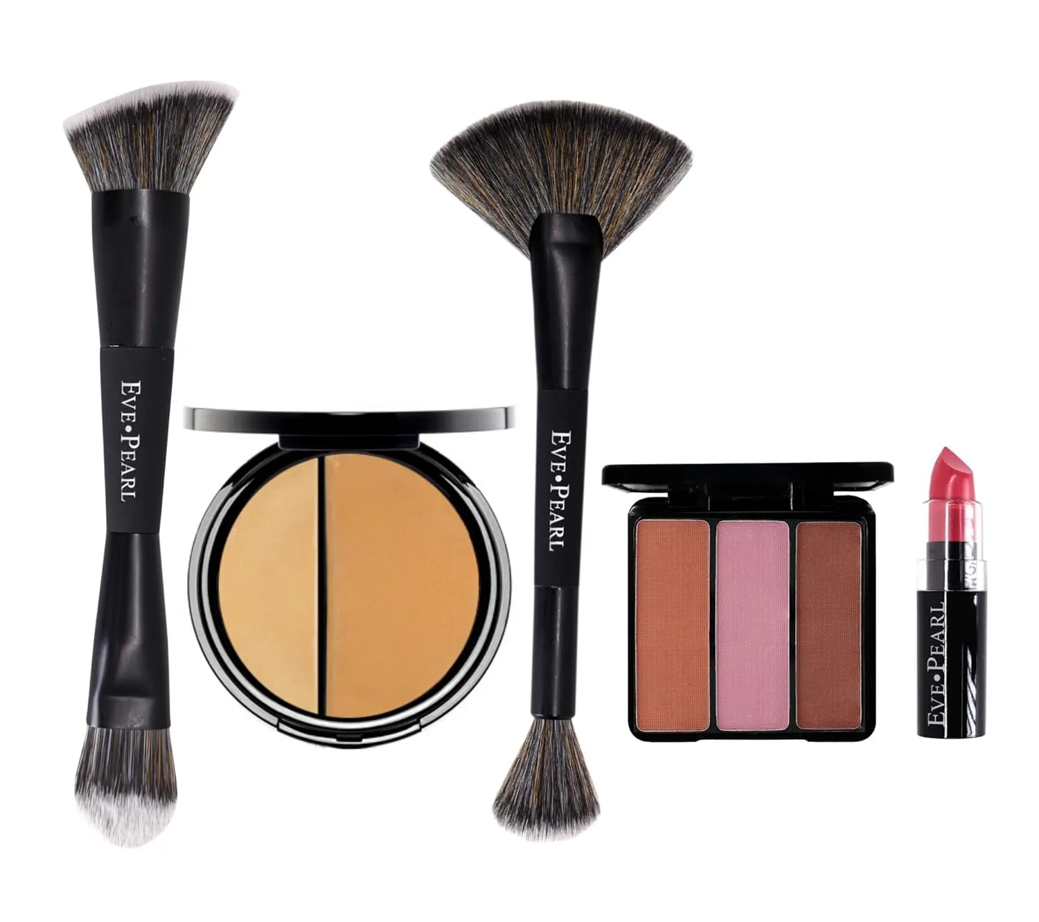 EVE PEARL 5 Pcs Full Coverage Face, Cheek And Lip Collection Skin Care Makeup Complete Set of Foundation Blush Lipstick with Professional Brushes (Tan)