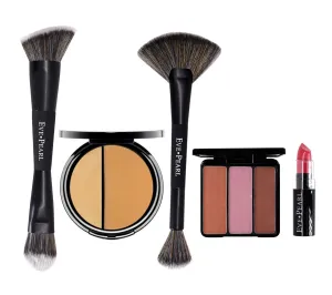 EVE PEARL 5 Pcs Full Coverage Face, Cheek And Lip Collection Skin Care Makeup Complete Set of Foundation Blush Lipstick with Professional Brushes (Tan)