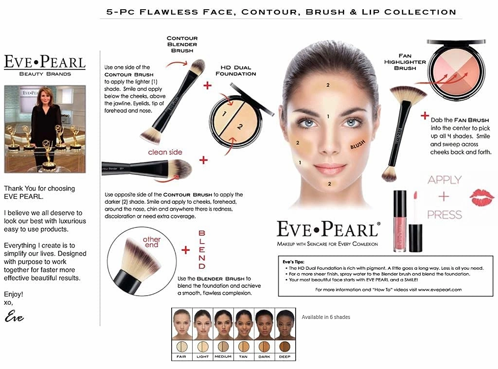 EVE PEARL 5 Pcs Flawless Face, Contour, Brushes and Lip Collection Highlighter Makeup Complete Set of Foundation Full Covarage Blush Lipstick with Professional Brushes (Deep)