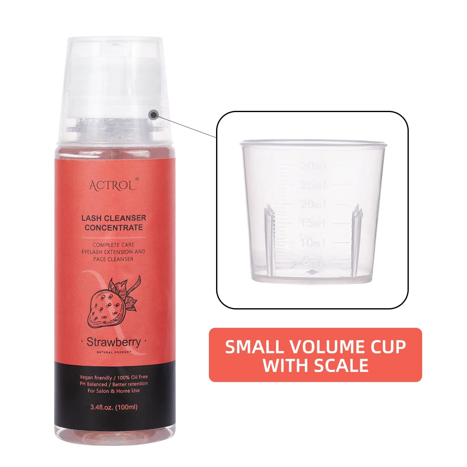 Eyelash Shampoo Concentrate 100ml Lash Extensions Cleanser Concentrate Strawberry Foaming Shampoo Paraben & Sulfate Free Wash for Extensions Lashes with Salon Home Care-Makes 60ml Bottles