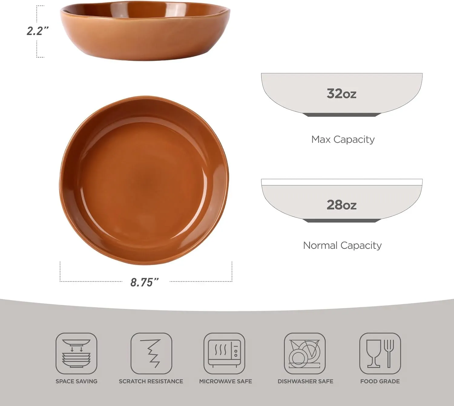 famiware Aurora 8.75" Pasta Bowls, 32 oz Large Bowls for Kitchen, Salad, Soup, Irregular Stoneware Pasta Plates, Microwave&Dishwasher Safe, Reactive Glaze, Scractch-resistant, Brown