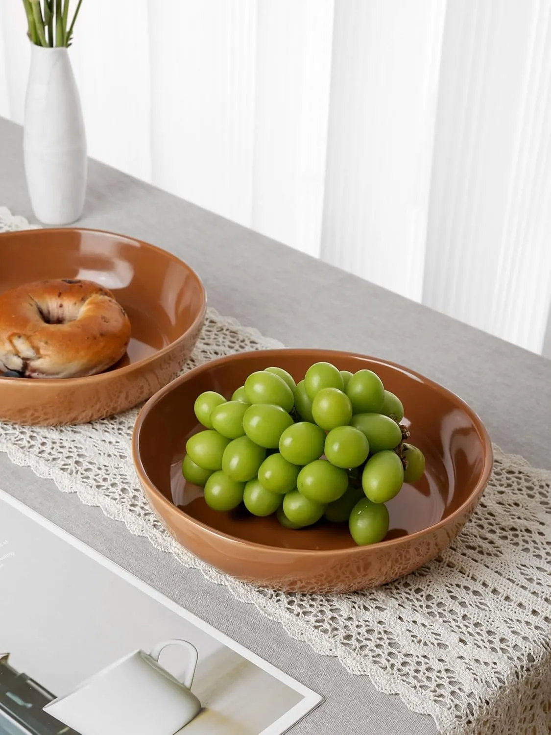 famiware Aurora 8.75" Pasta Bowls, 32 oz Large Bowls for Kitchen, Salad, Soup, Irregular Stoneware Pasta Plates, Microwave&Dishwasher Safe, Reactive Glaze, Scractch-resistant, Brown
