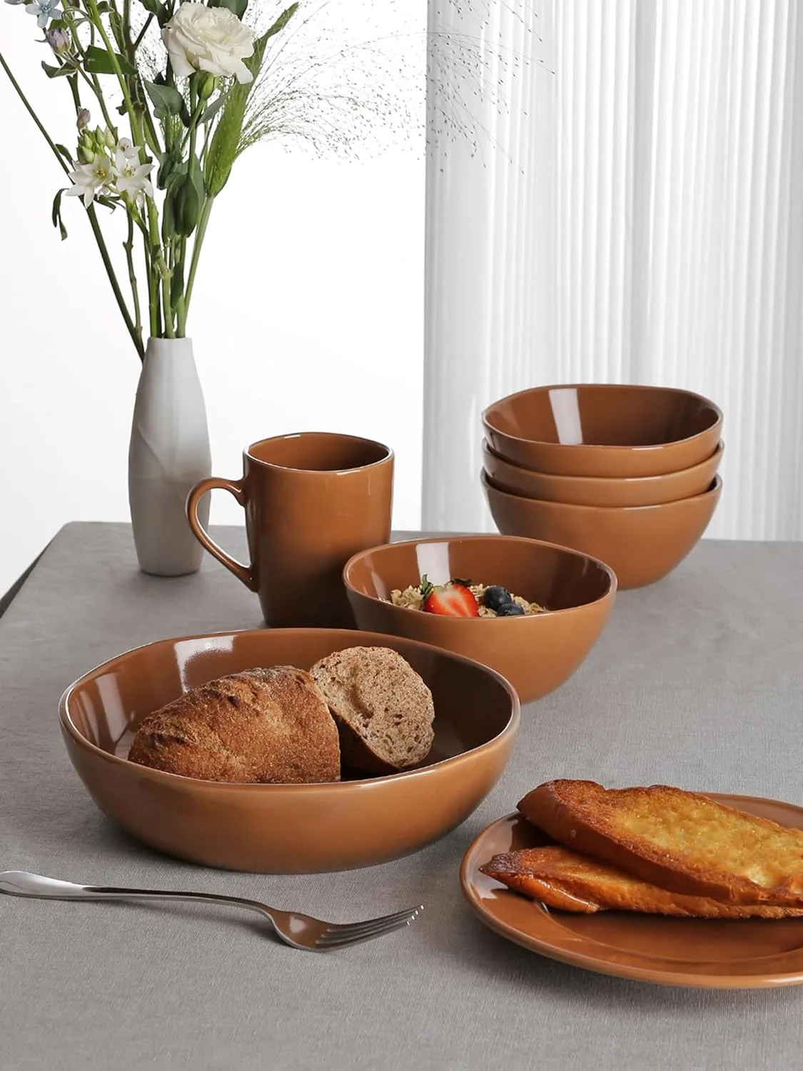 famiware Aurora 8.75" Pasta Bowls, 32 oz Large Bowls for Kitchen, Salad, Soup, Irregular Stoneware Pasta Plates, Microwave&Dishwasher Safe, Reactive Glaze, Scractch-resistant, Brown