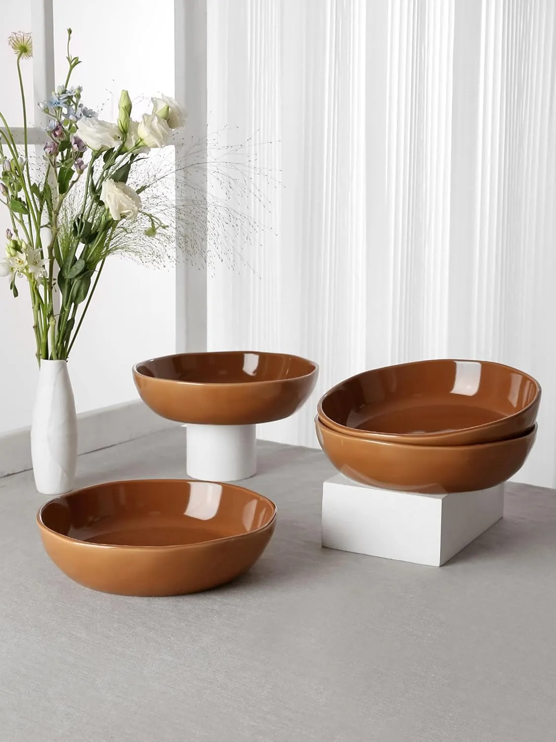 famiware Aurora 8.75" Pasta Bowls, 32 oz Large Bowls for Kitchen, Salad, Soup, Irregular Stoneware Pasta Plates, Microwave&Dishwasher Safe, Reactive Glaze, Scractch-resistant, Brown