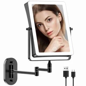 FASCINATE Rechargeable Wall Mounted Makeup Mirror, 8.7 Inch Double Sided 1X 10X Magnifying Bathroom Mirror Rectangle, 3 Color Setting, Extended Arm 360° Swivel Foldable Black