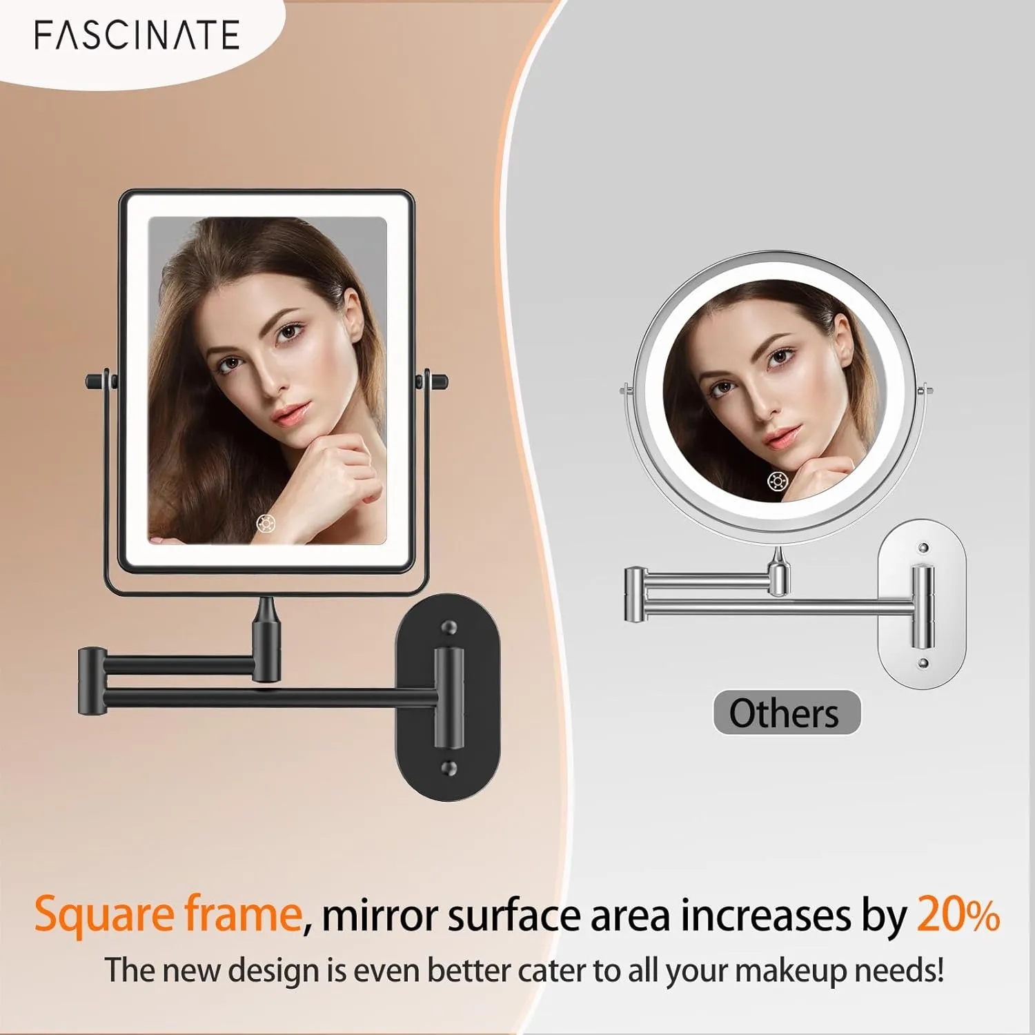 FASCINATE Rechargeable Wall Mounted Makeup Mirror, 8.7 Inch Double Sided 1X 10X Magnifying Bathroom Mirror Rectangle, 3 Color Setting, Extended Arm 360° Swivel Foldable Black