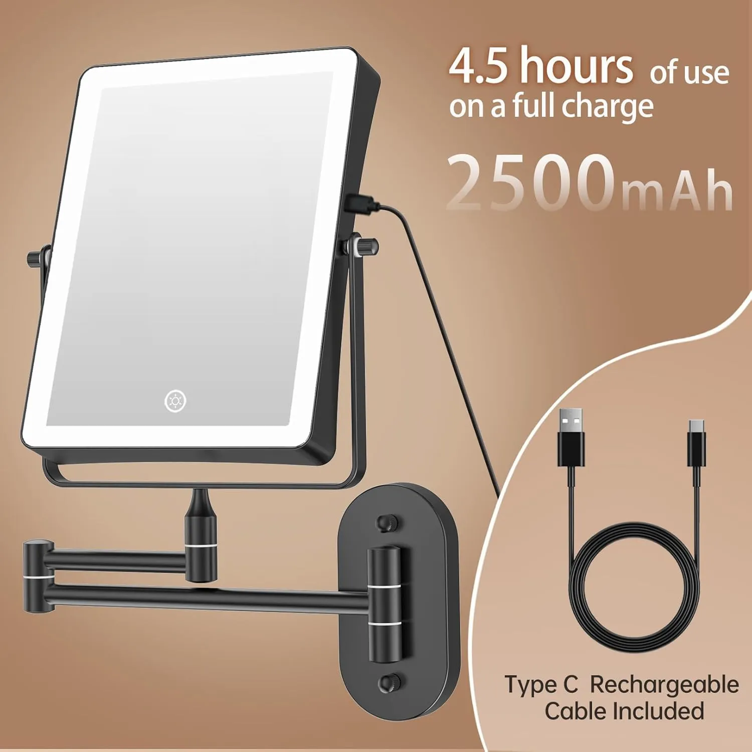 FASCINATE Rechargeable Wall Mounted Makeup Mirror, 8.7 Inch Double Sided 1X 10X Magnifying Bathroom Mirror Rectangle, 3 Color Setting, Extended Arm 360° Swivel Foldable Black