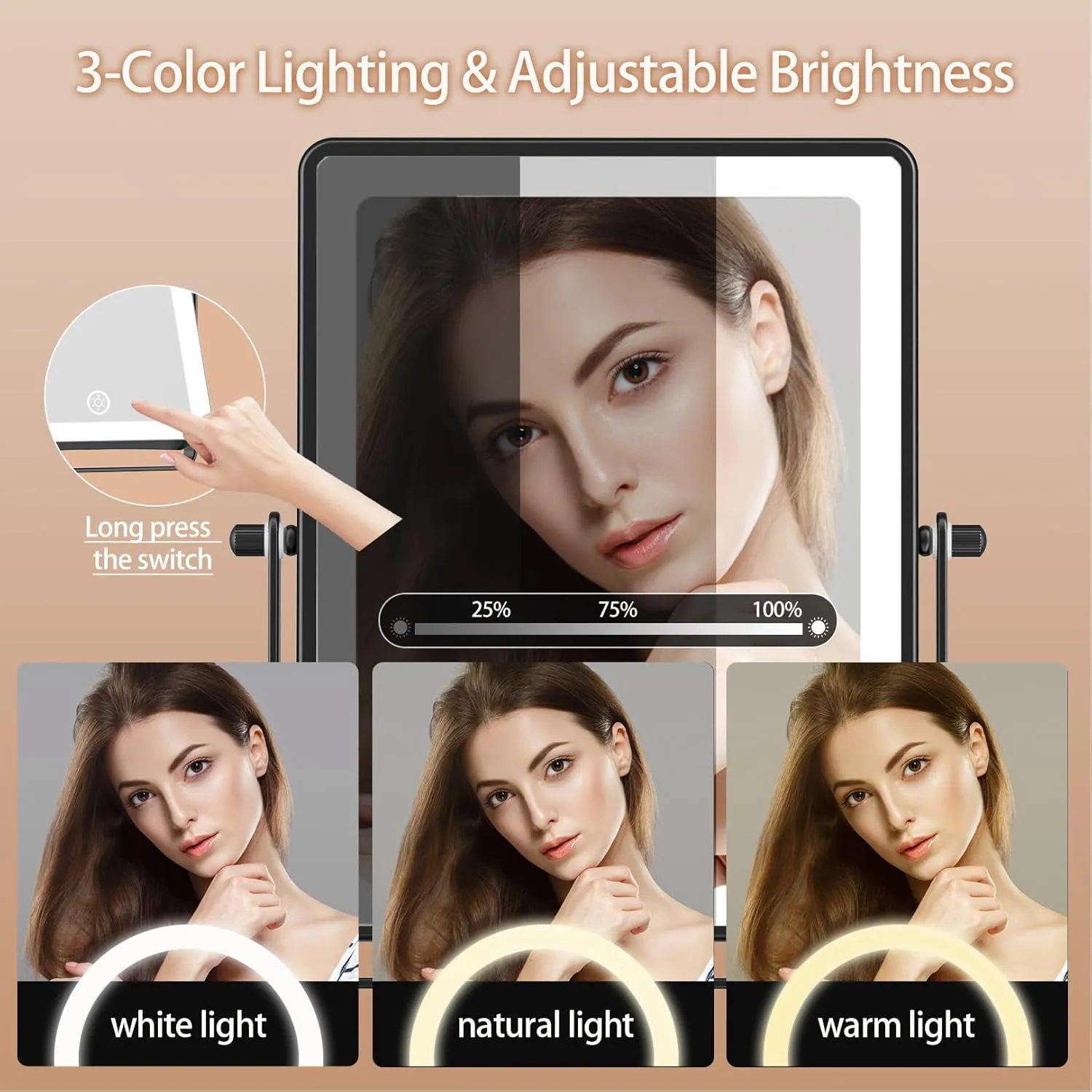 FASCINATE Rechargeable Wall Mounted Makeup Mirror, 8.7 Inch Double Sided 1X 10X Magnifying Bathroom Mirror Rectangle, 3 Color Setting, Extended Arm 360° Swivel Foldable Black