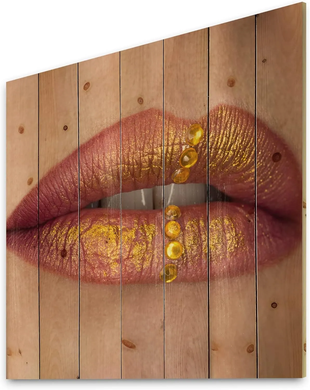 Female Lips Close-Up With Red Lipstick, Gold Paint Modern & Contemporary Wood Wall Decor, Gold Wood Wall Art, Large People Wood Wall Panels Printed On Natural Pine Wood Art