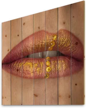 Female Lips Close-Up With Red Lipstick, Gold Paint Modern & Contemporary Wood Wall Decor, Gold Wood Wall Art, Large People Wood Wall Panels Printed On Natural Pine Wood Art