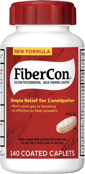 FiberCon Fiber Therapy Coated Caplets, Safe, Simple & Comfortable Insoluble Fiber for Bowel Irregularity, Comfortable Constipation Relief with No Gas or Bloating, 140 Caplets