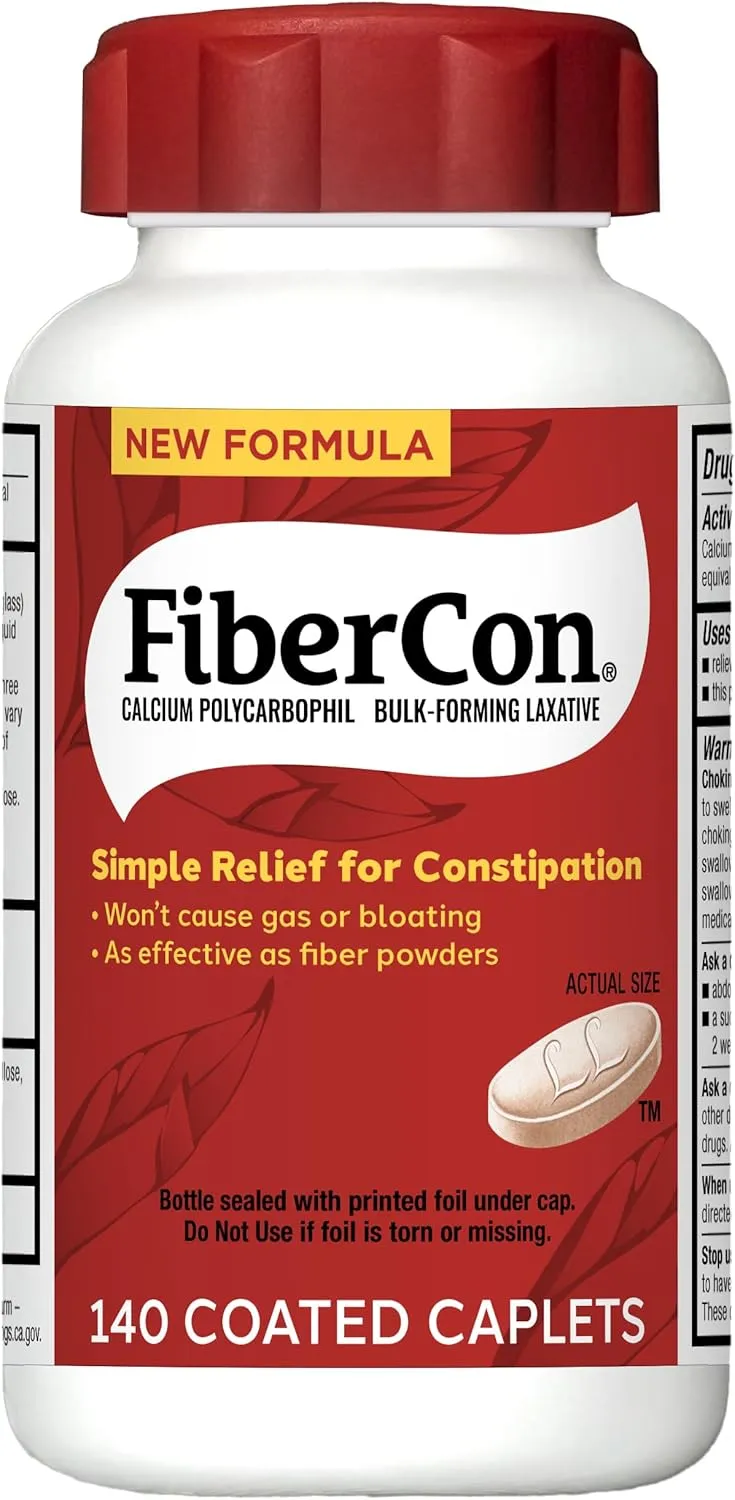 FiberCon Fiber Therapy Coated Caplets, Safe, Simple & Comfortable Insoluble Fiber for Bowel Irregularity, Comfortable Constipation Relief with No Gas or Bloating, 140 Caplets