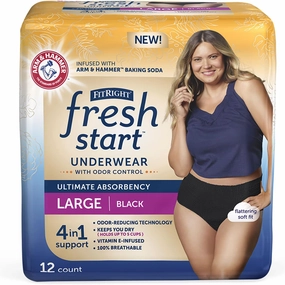 FitRight Fresh Start Incontinence and Postpartum Underwear for Women, Large, Black (12 Count) Ultimate Absorbency, Disposable Underwear with The Odor-Control Power of ARM & Hammer