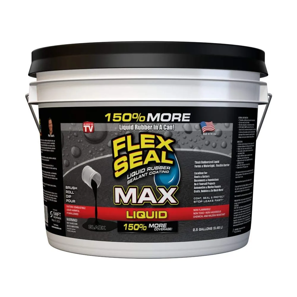 Flex Seal Liquid MAX, 2.5 Gallon, Black, Liquid Rubber Coating Sealant, Waterproof, Flexible, Breathable, and UV Resistant, Roof Repair, Basements, RV, Campers, Trailers, Marine, EPDM, Masonry